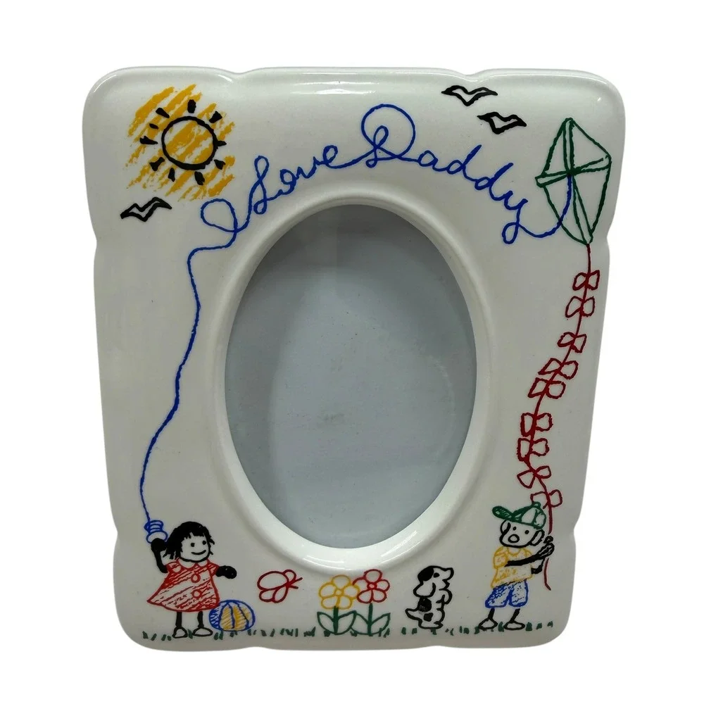 Vintage I Love Daddy Ceramic Picture Frame White Oval Child Illustration 5x4.25